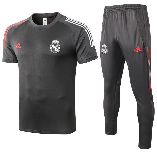 Real Madrid Dark Grey Short Sleeve Training Kits Shirt with Pants 2020/21